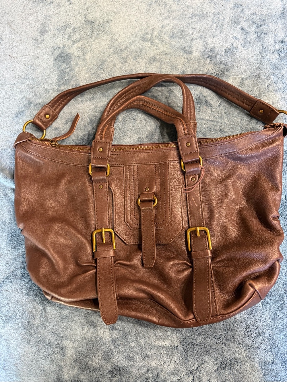 The Sak Brown Leather Shoulder Satchel with Buckle Accents